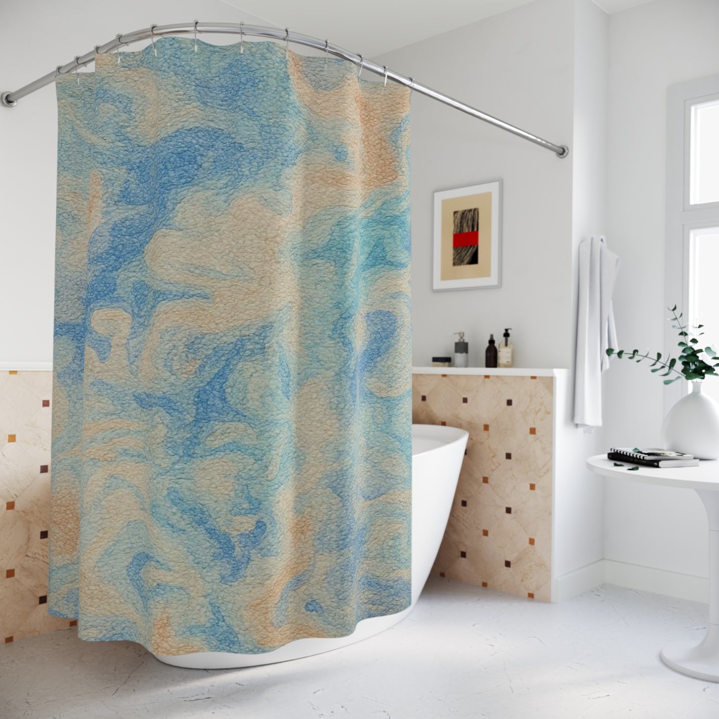 Abstract Blue and Beige Shower Curtain, Stylish Bath Decor, Home Remodeling, Ocean Vibes, Spa-Style Bathroom Accessories