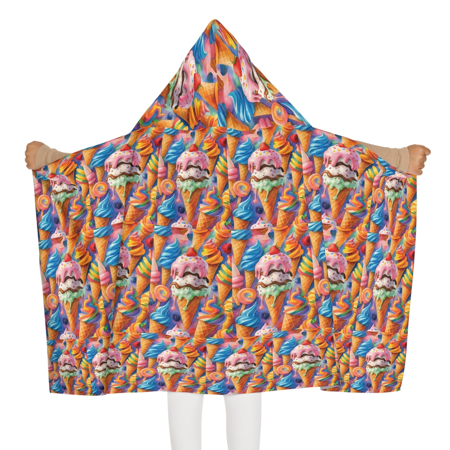 Colorful Ice Cream Youth Hooded Towel, Kids Bathing Towel, Summer Beach Gift, Pool Swim Cover-Up, Fun Summer Accessory