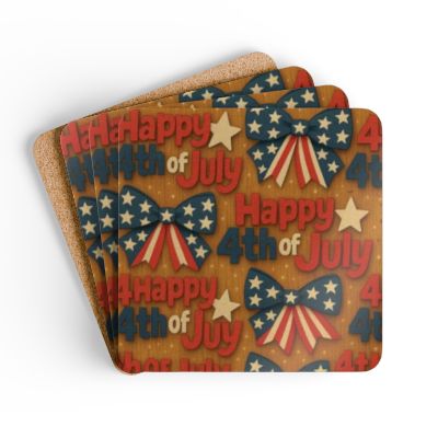 Patriotic Corkwood Coaster Set | 4th of July Home Decor, BBQ Party Accessories, Independence Day Gifts, Rustic Tableware