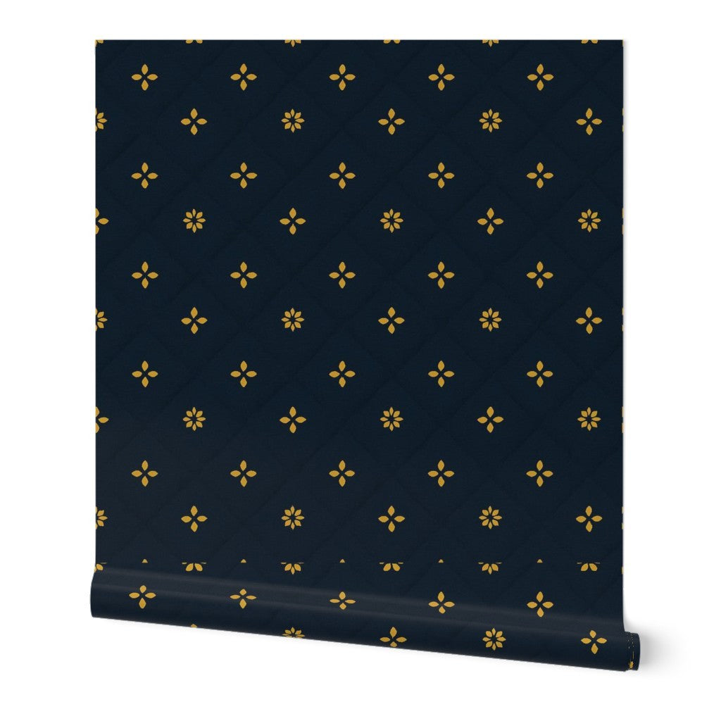 Navy Velvet Diamond Pattern with Gold Accents – Regal Fabric Look