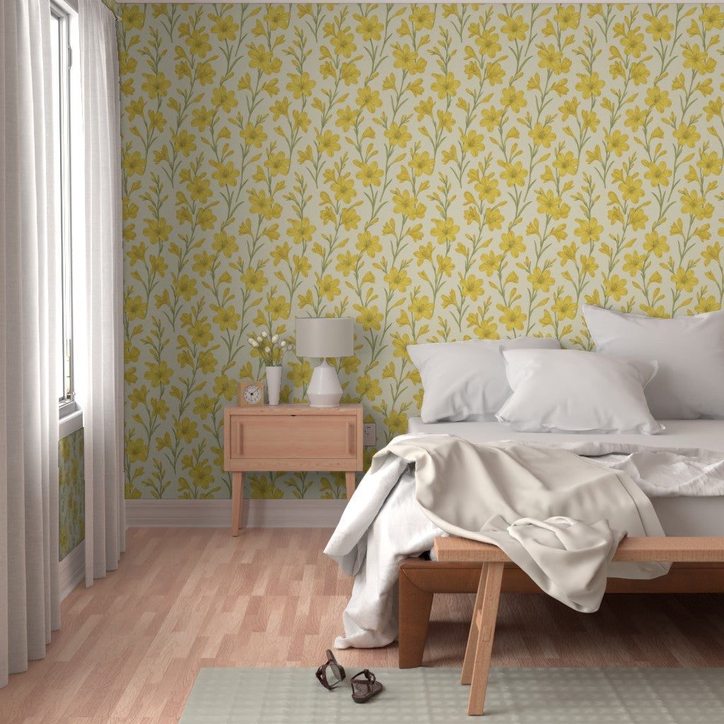 Sunny Bloom Yellow Floral Wallpaper – Warm Vintage Botanical Design