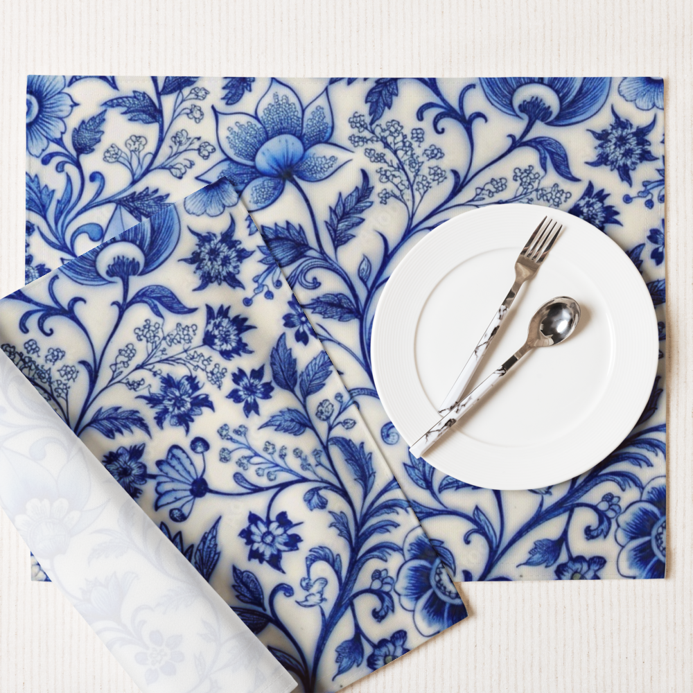 Classic Blue Tile Floral Placemat – Elegant Persian Floral Table Decor