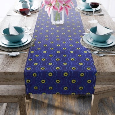 Colorful Patterned Table Runner, Boho Decor, Dining Table Centerpiece, Modern Home Tableware, Blue and Yellow Design