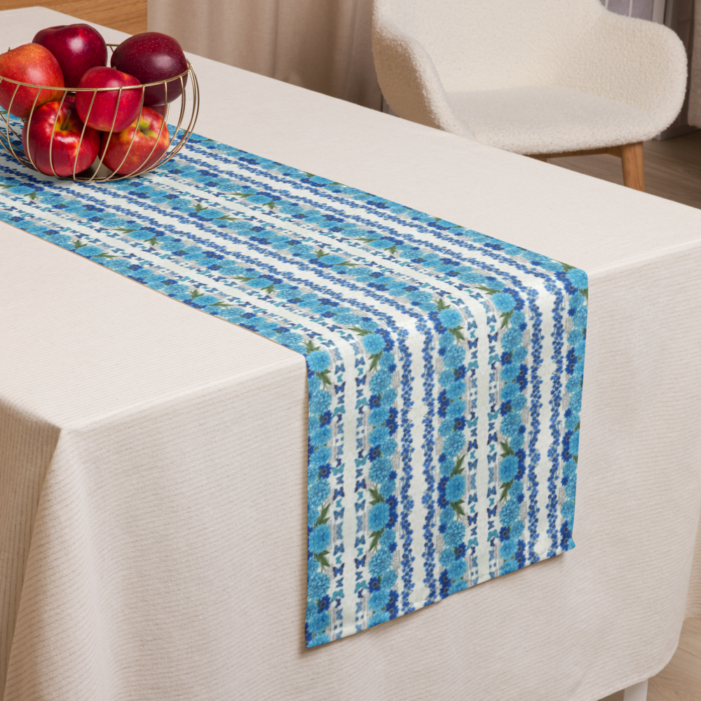 Azure Bloom Table Runner – Mediterranean Elegance