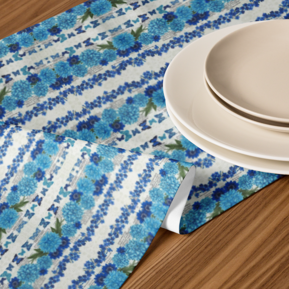 Azure Bloom Table Runner – Mediterranean Elegance
