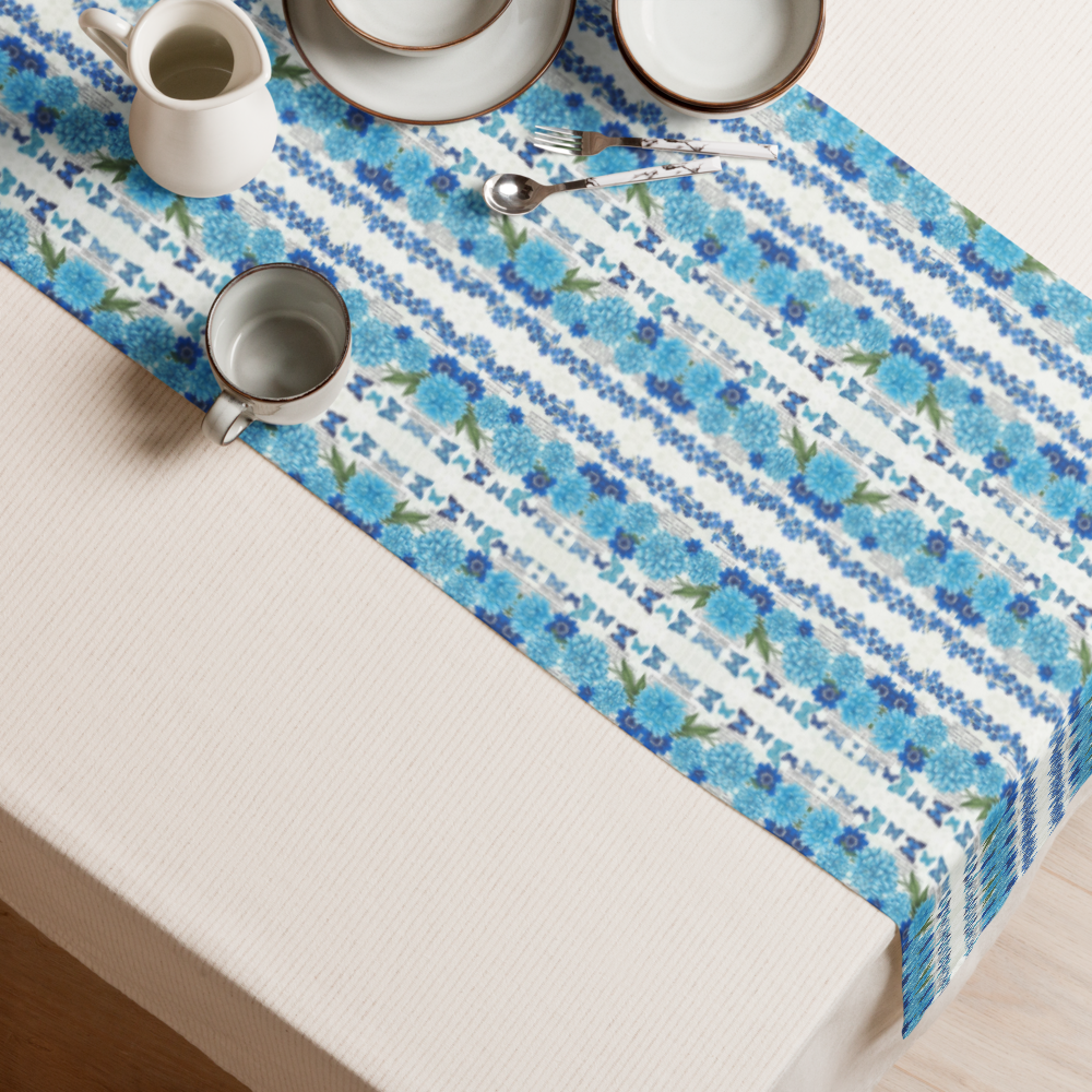 Azure Bloom Table Runner – Mediterranean Elegance
