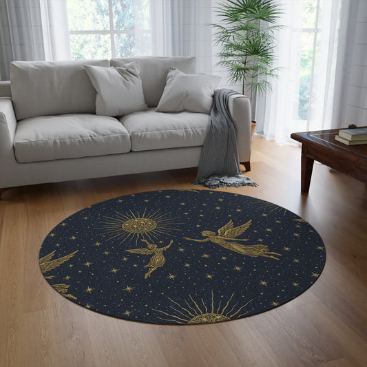 Celestial Angel Round Rug, Bohemian Home Decor, Vintage Style Area Rug, Ethereal Living Room Accent, Celestial Lounge Mat