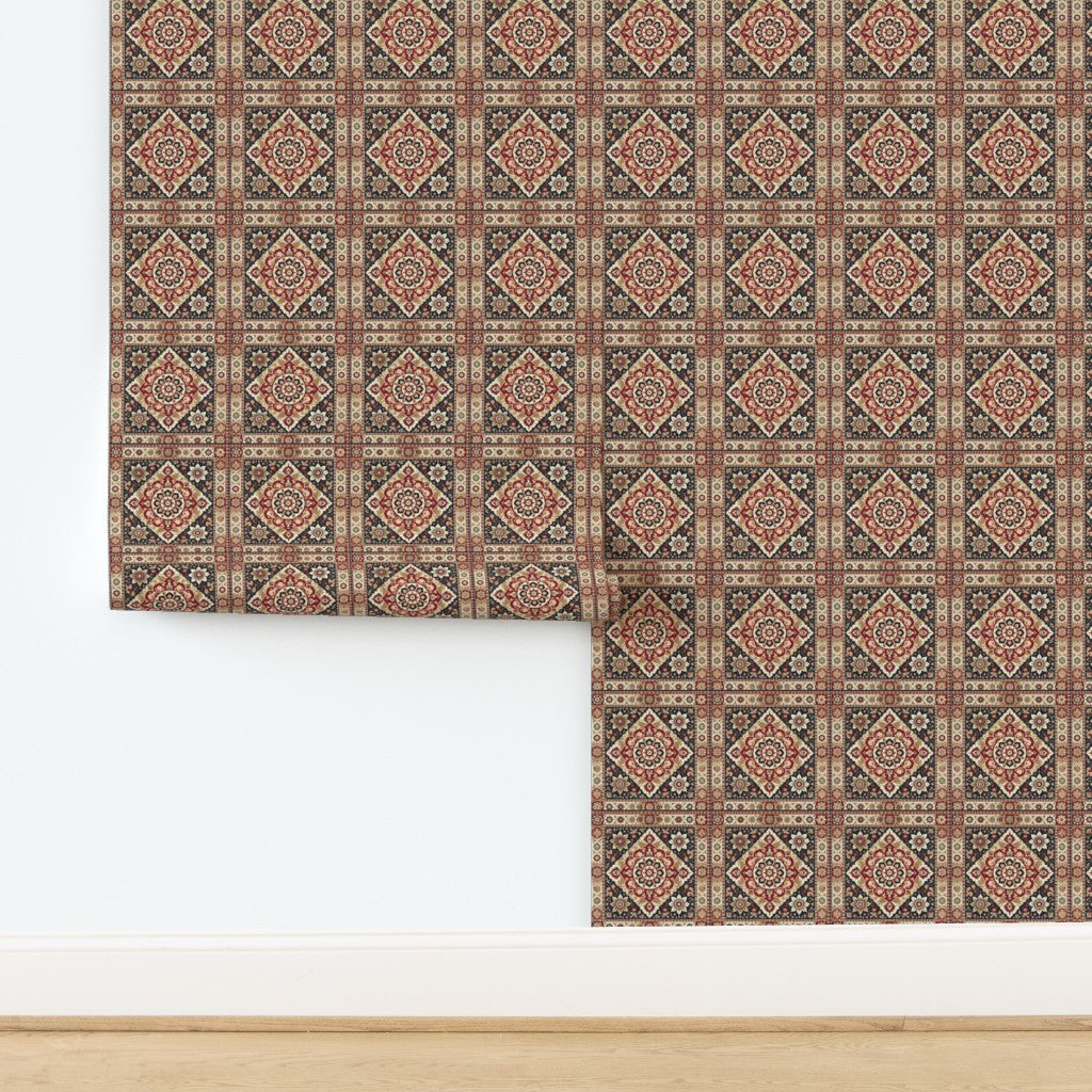 Persian Mosaic Medallion – Traditional Red Black & Cream Tile Pattern for Fabric & Wallpaper