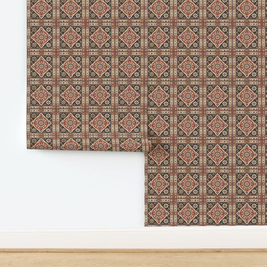 Persian Mosaic Medallion – Traditional Red Black & Cream Tile Pattern for Fabric & Wallpaper