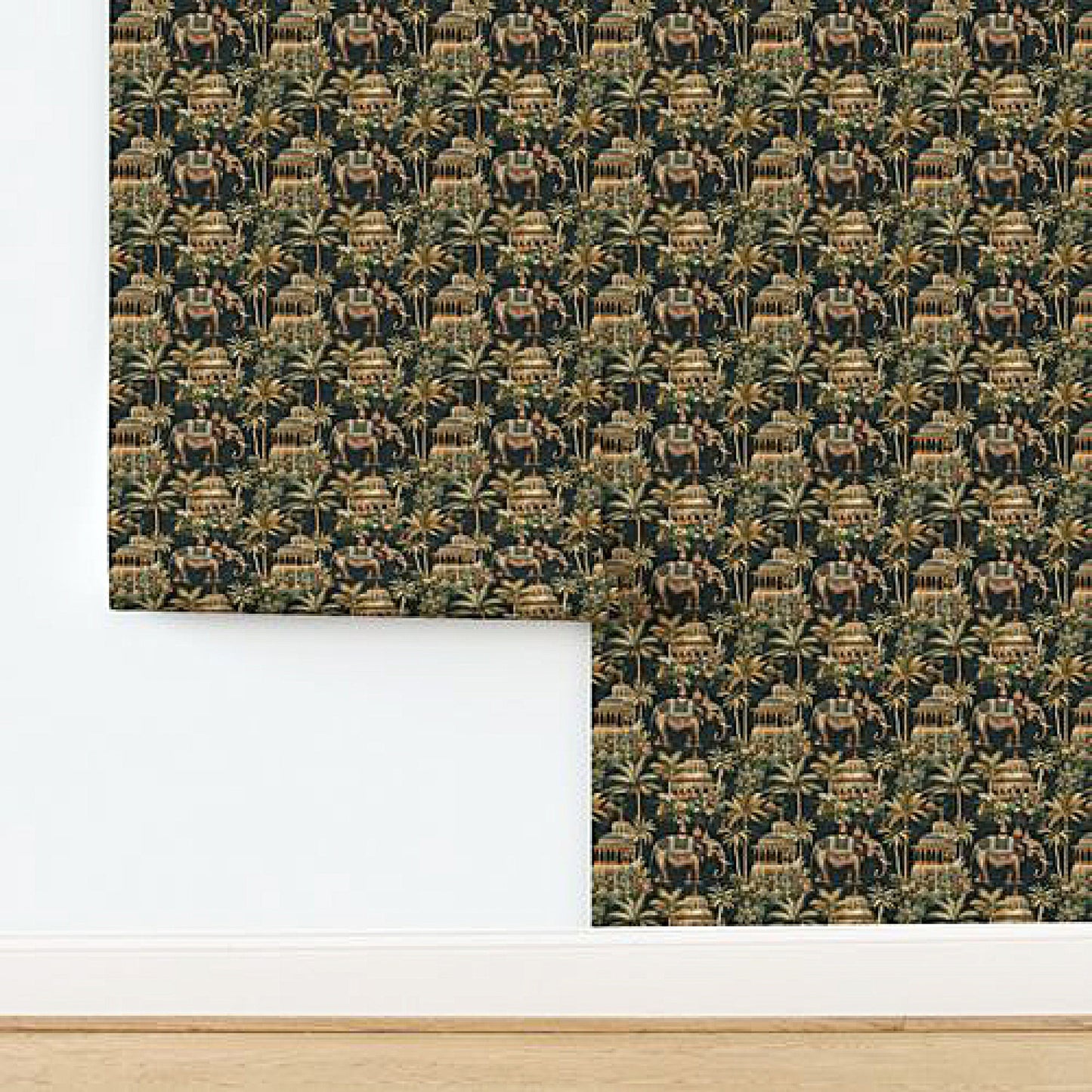 Majestic Elephant & Temple Jungle Wallpaper – Exotic Indian-Inspired Wall Decor
