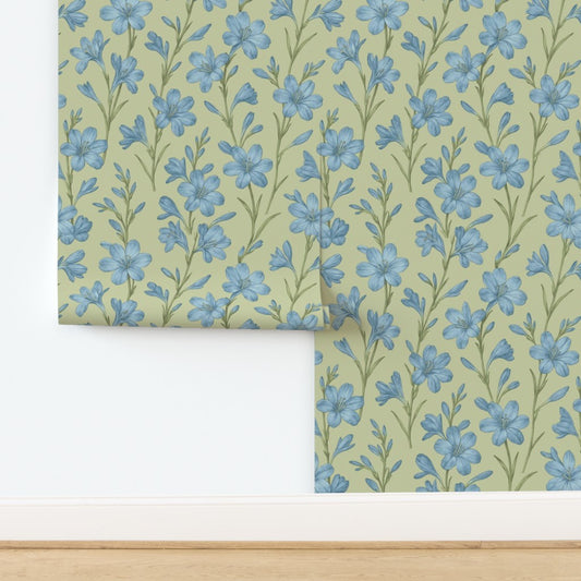 Blue Whisper Botanical Floral Wallpaper – Soft Vintage Cottage Style