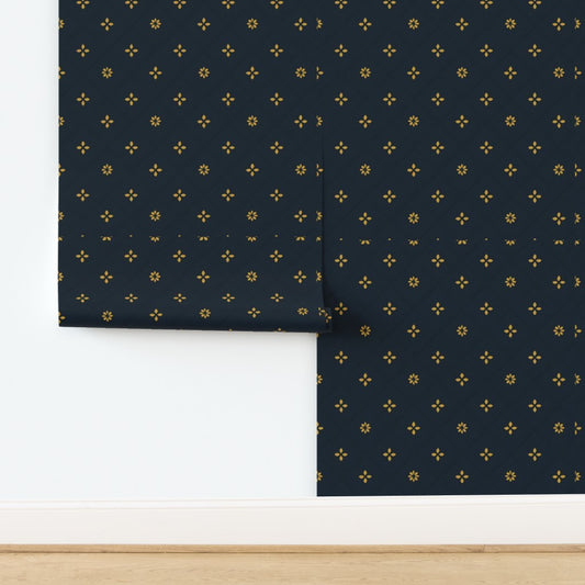 Navy Velvet Diamond Pattern with Gold Accents – Regal Fabric Look