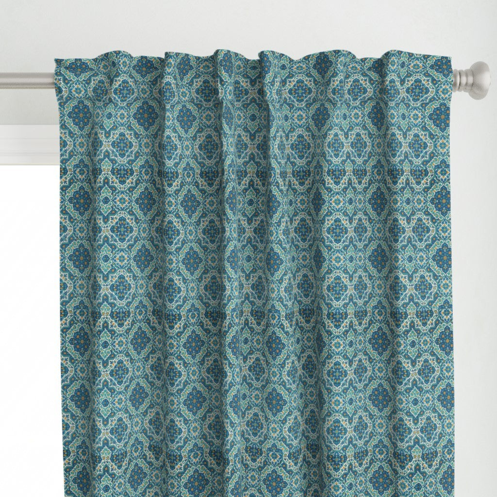 Curtain in Elegant Persian Geometric Tile Teal & Ivory Harmony
