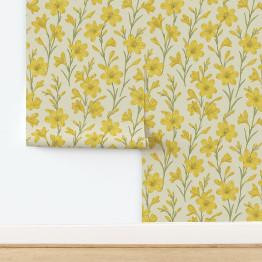 Sunny Bloom Yellow Floral Wallpaper – Warm Vintage Botanical Design