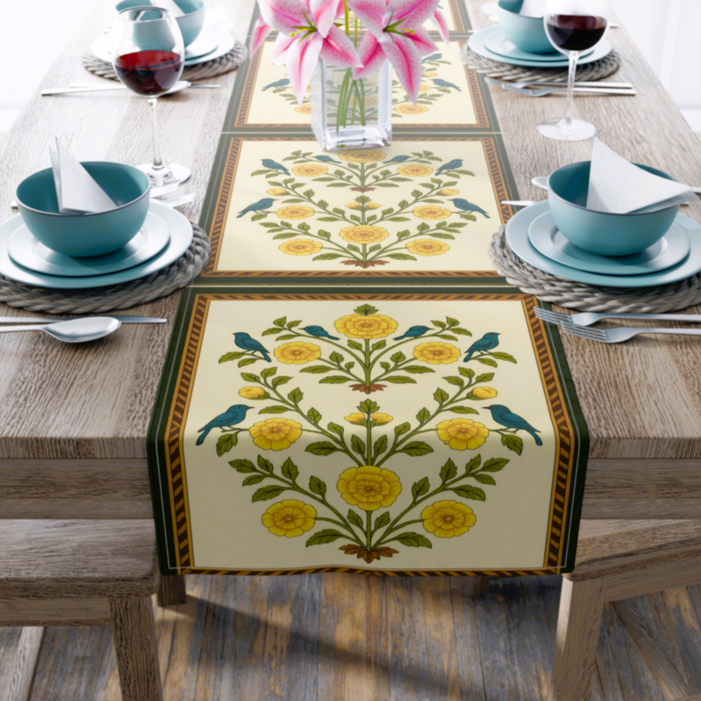 Floral Table Runner with Birds Design for Dining Decor, Boho Table Runner, Spring Table Decor, Farmhouse Decoration, Perfect for Holidays
