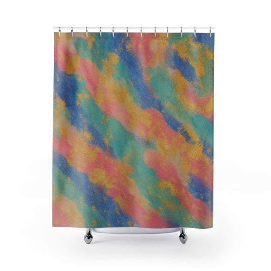 Vibrant Abstract Shower Curtain – Gold-Textured Pastel Rainbow | Modern Bathroom Decor, Artistic Gift for Home, Oasis Vibe