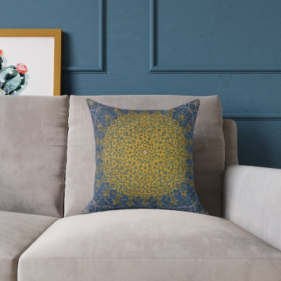Luxury Mandala Accent Pillow – Gold & Navy Blue Pattern – Square Canvas Cushion”