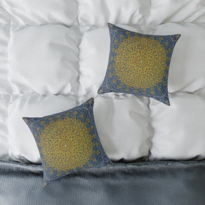 Luxury Mandala Accent Pillow – Gold & Navy Blue Pattern – Square Canvas Cushion”
