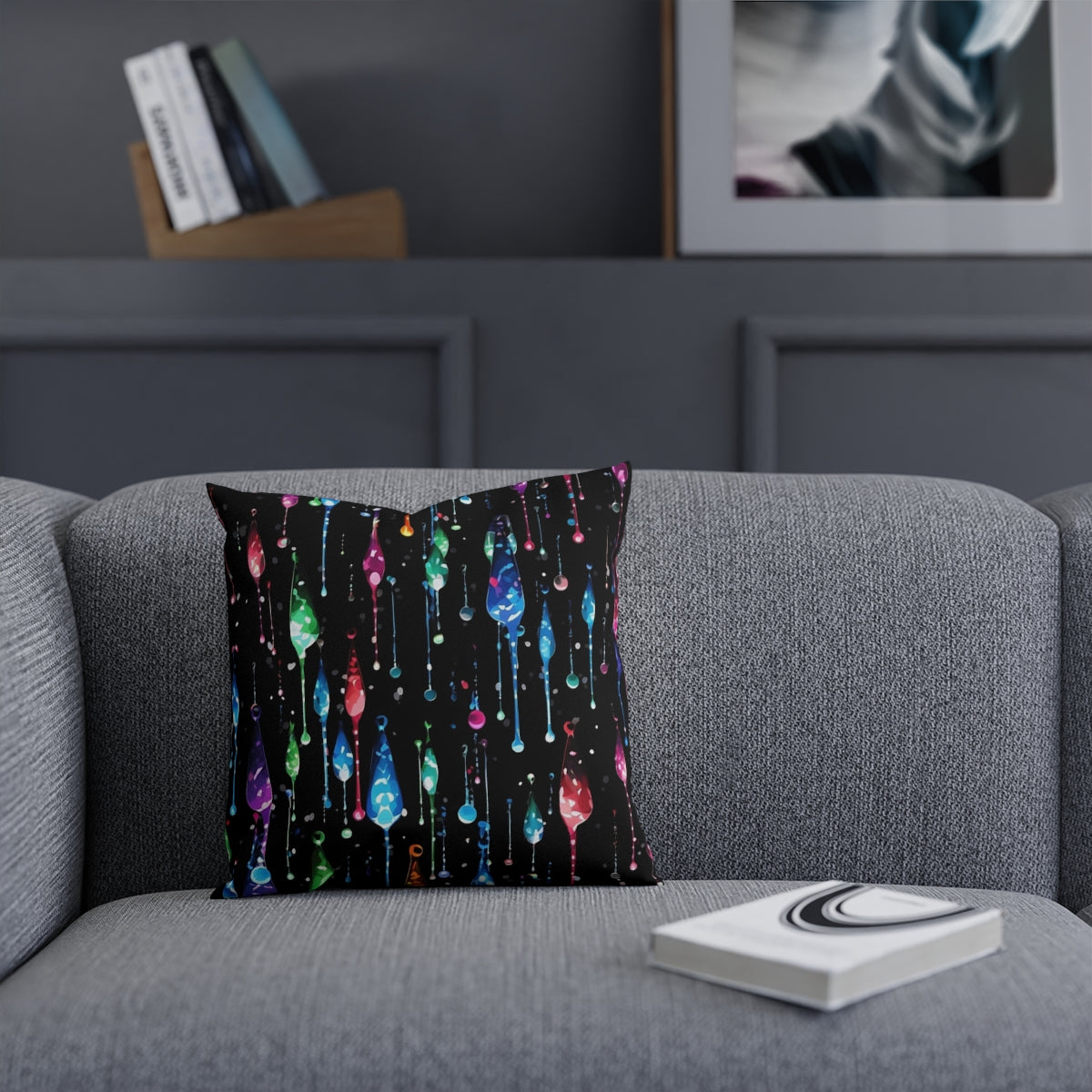 Color Drip Elegance | Artistic Black Throw Pillow for Modern Spaces