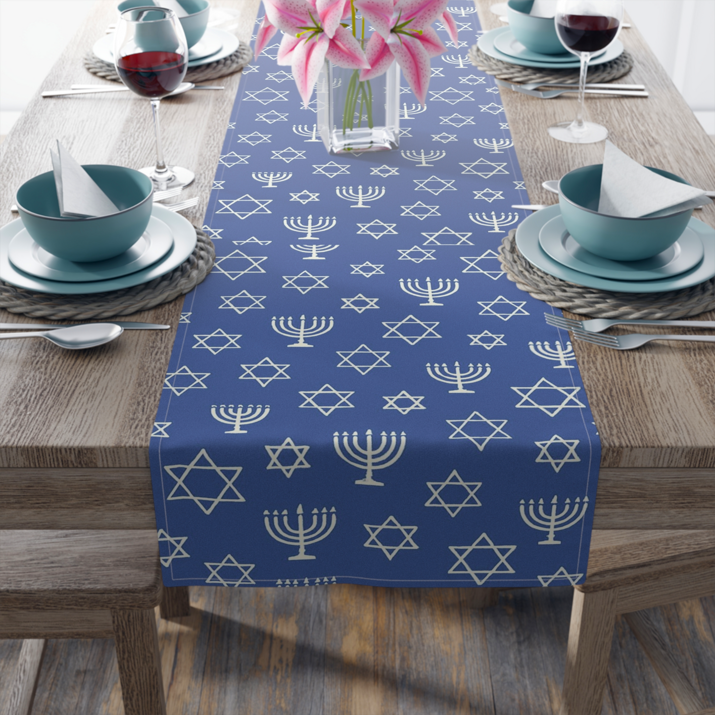 Elegant Hanukkah Table Runner - Cotton & Poly with Star of David Design, Holiday Home Decor, Jewish Celebration, Casual Dining