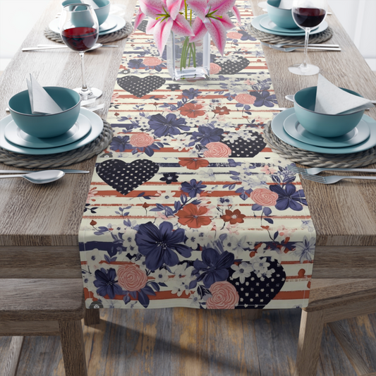 Patriotic Floral Table Runner, Rustic Americana Home Decor, Table Decor for Independence Day, BBQ Parties, and Summer Gatherings
