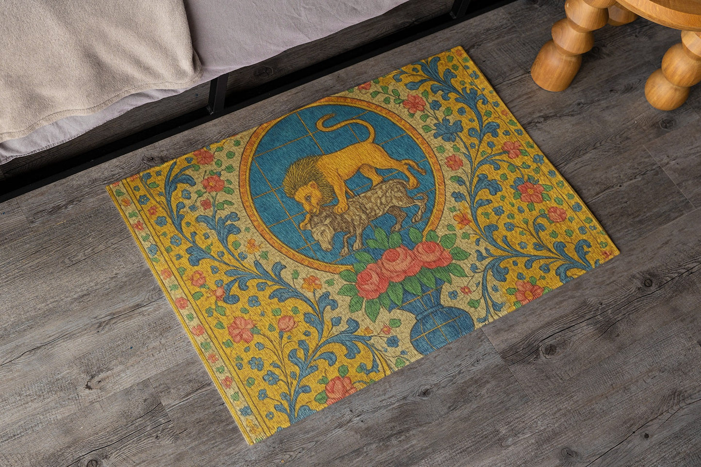 Vibrant Lion Themed Area Rug, Bohemian Home Decor, Living Room Accent, Unique Gift, Yoga Studio Mat