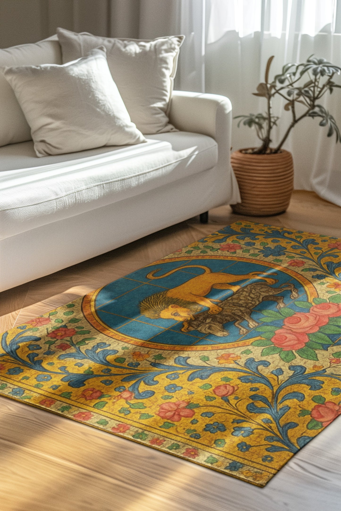 Vibrant Lion Themed Area Rug, Bohemian Home Decor, Living Room Accent, Unique Gift, Yoga Studio Mat
