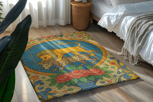 Vibrant Lion Themed Area Rug, Bohemian Home Decor, Living Room Accent, Unique Gift, Yoga Studio Mat