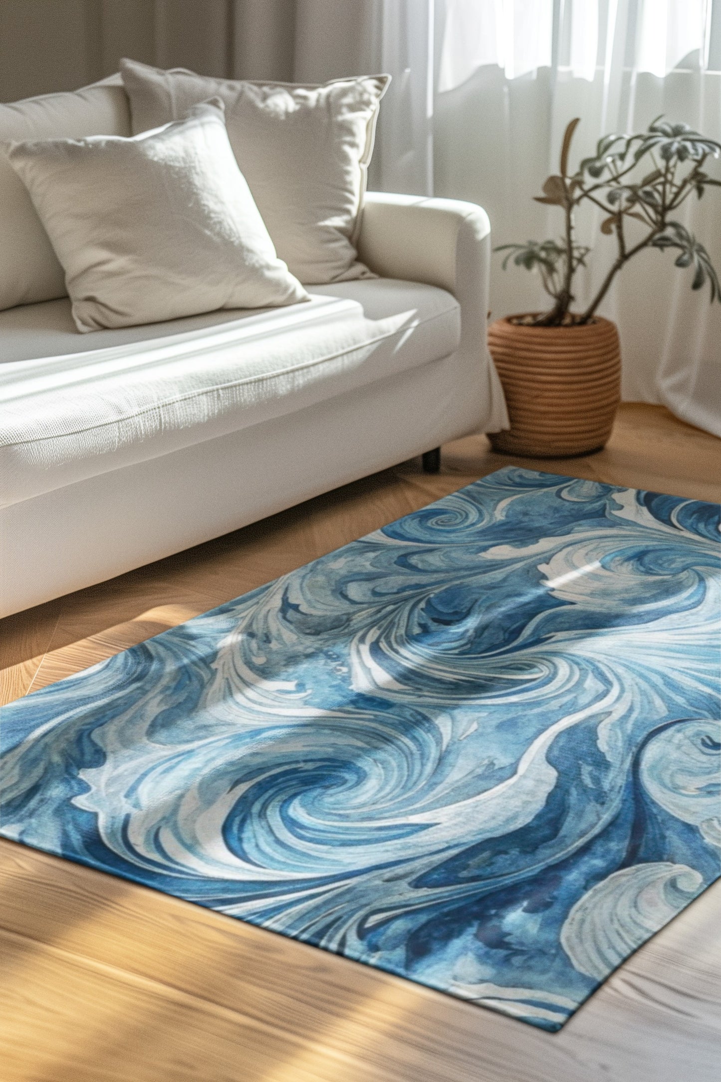 Ocean Waves Area Rug, Coastal Home Decor, Living Room Accent, Nautical Style Mat, Blue Swirl Carpet, Gift for Beach Lovers