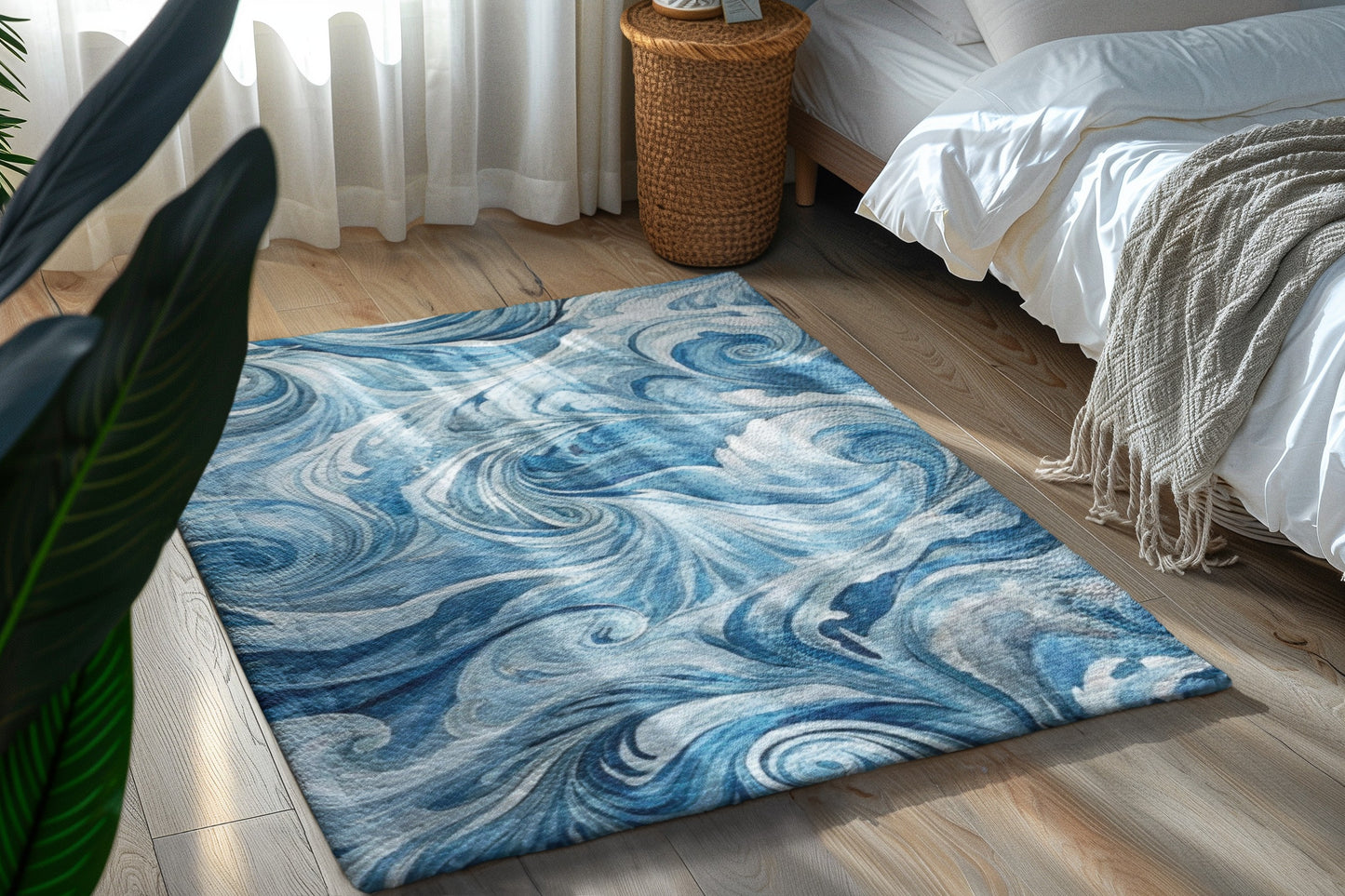Ocean Waves Area Rug, Coastal Home Decor, Living Room Accent, Nautical Style Mat, Blue Swirl Carpet, Gift for Beach Lovers