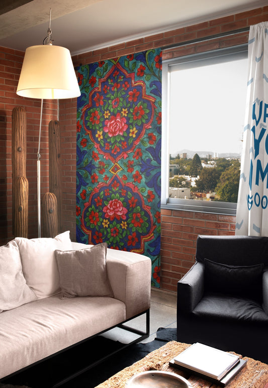 Bohemian Floral Window Curtains, Bright Home Decor, Living Room Drapes, Colorful Curtain Panel, Vintage Style Interior Design