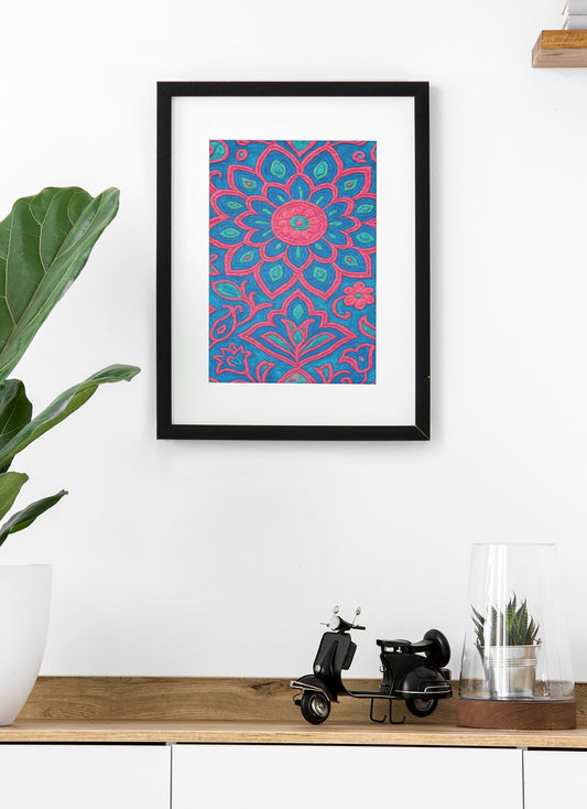 Vibrant Floral Art Print, Colorful Wall Decor, Passepartout Framed Artwork, Boho Home Decor, Gift for Art Lovers, Modern Office Art