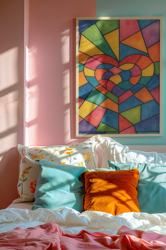 Vibrant Stained Glass Heart Art Print, Wall Decor, Home Decoration, Gift for Art Lovers, Colorful Artwork, Modern Living Room Decor