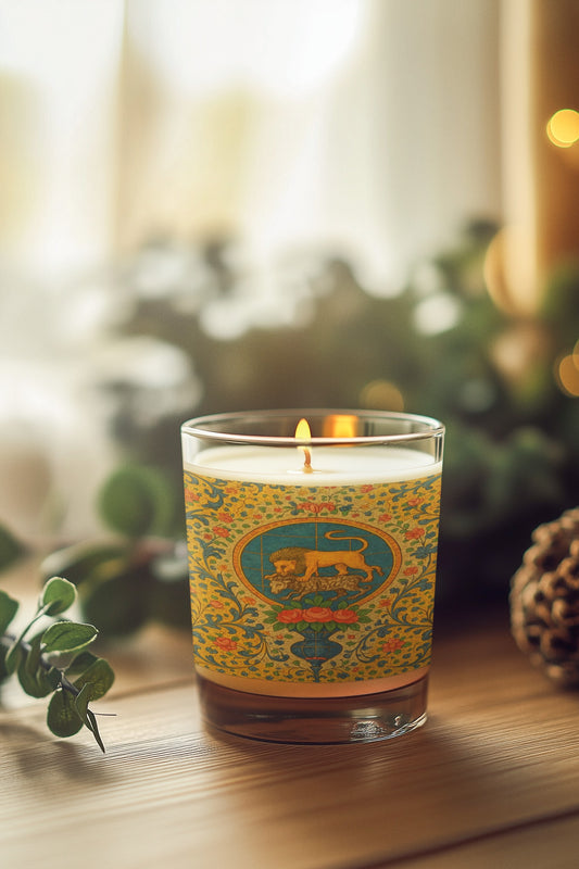 Artisan Glass Candle with Lion and Floral Design, Scented Home Decor, Gift for Her, Relaxation, Aromatherapy