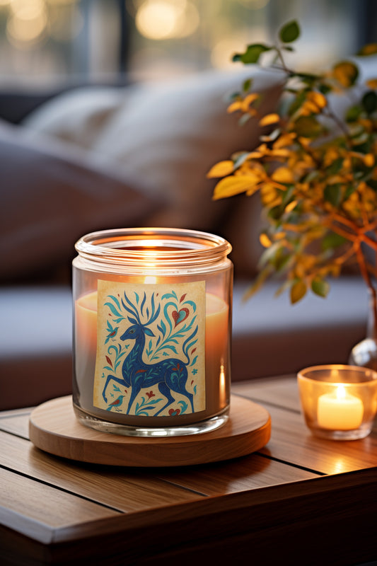 Blue Floral Deer Glass Candle - 11oz, Home Decor, Reusable Candle, Aromatherapy Gift, Eco-Friendly Decor