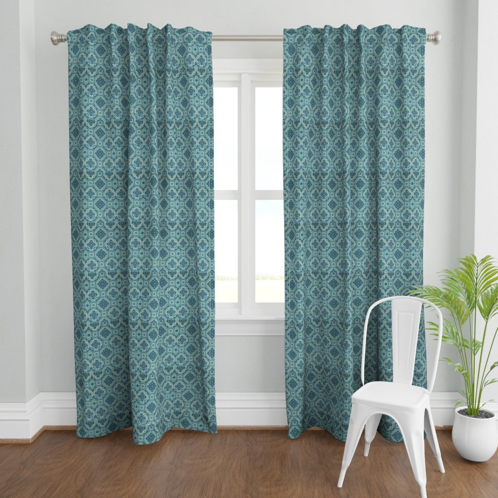 Curtain in Elegant Persian Geometric Tile Teal & Ivory Harmony