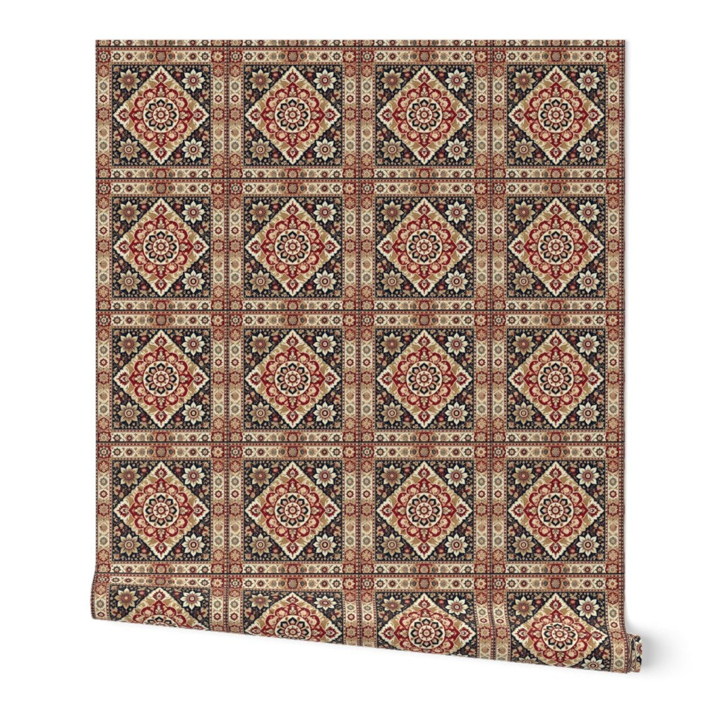 Persian Mosaic Medallion – Traditional Red Black & Cream Tile Pattern for Fabric & Wallpaper
