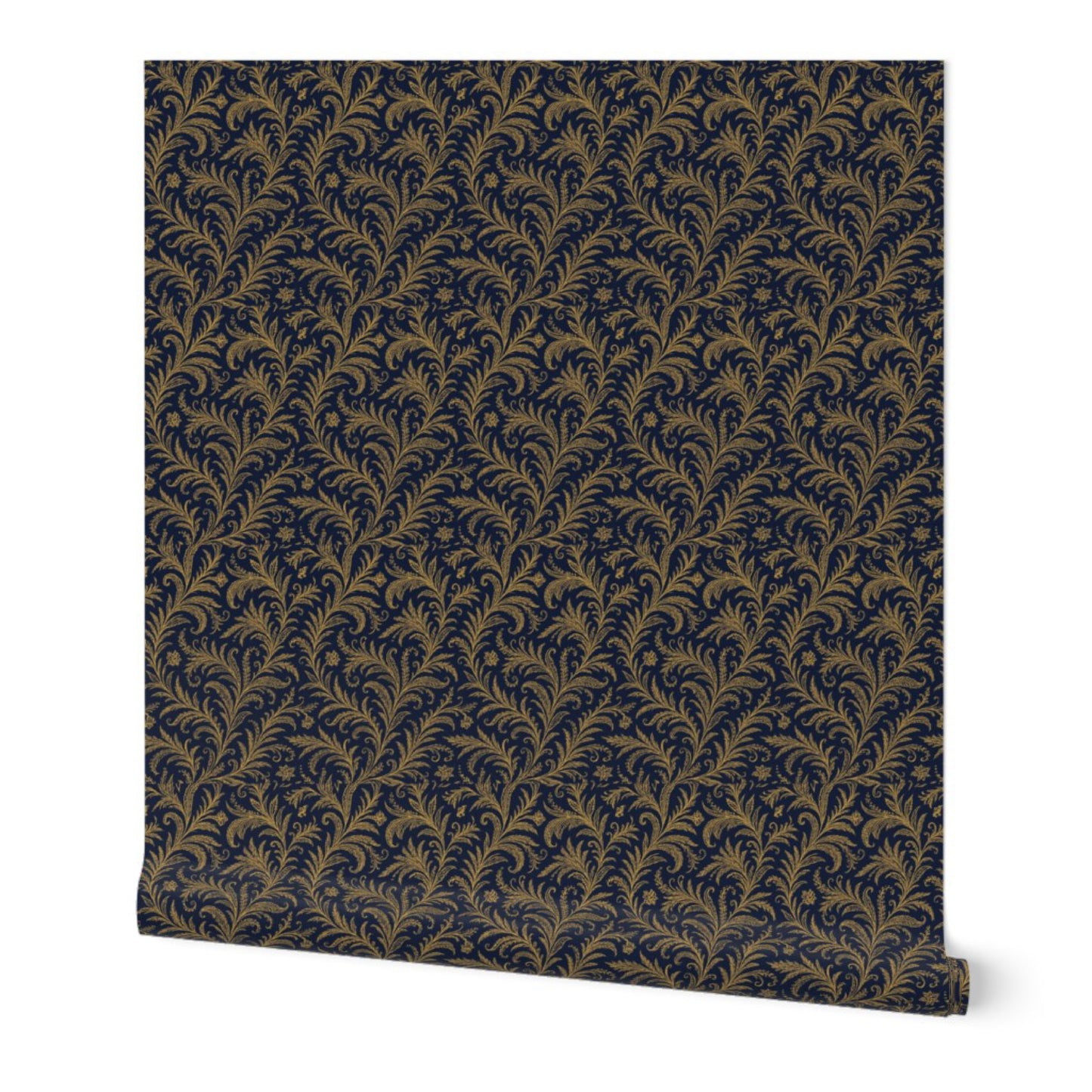 Luxury Gold & Navy Blue Baroque Wallpaper – Elegant Botanical Wall Mural