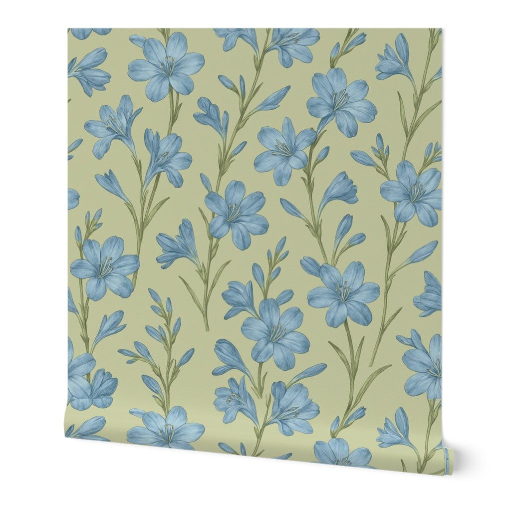 Blue Whisper Botanical Floral Wallpaper – Soft Vintage Cottage Style