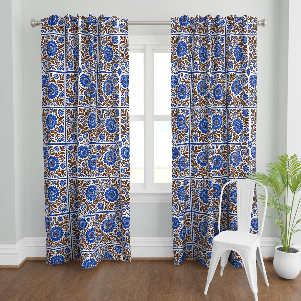 Curtain in Bohemian Tile In Blue & Brown-01