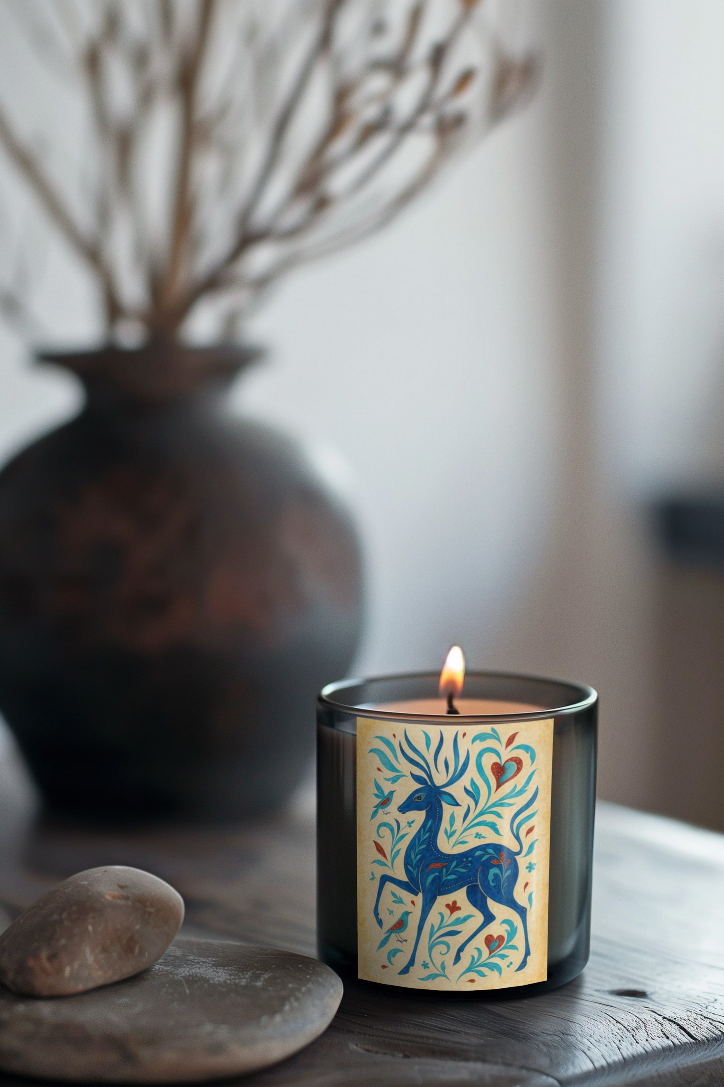 Blue Floral Deer Glass Candle - 11oz, Home Decor, Reusable Candle, Aromatherapy Gift, Eco-Friendly Decor
