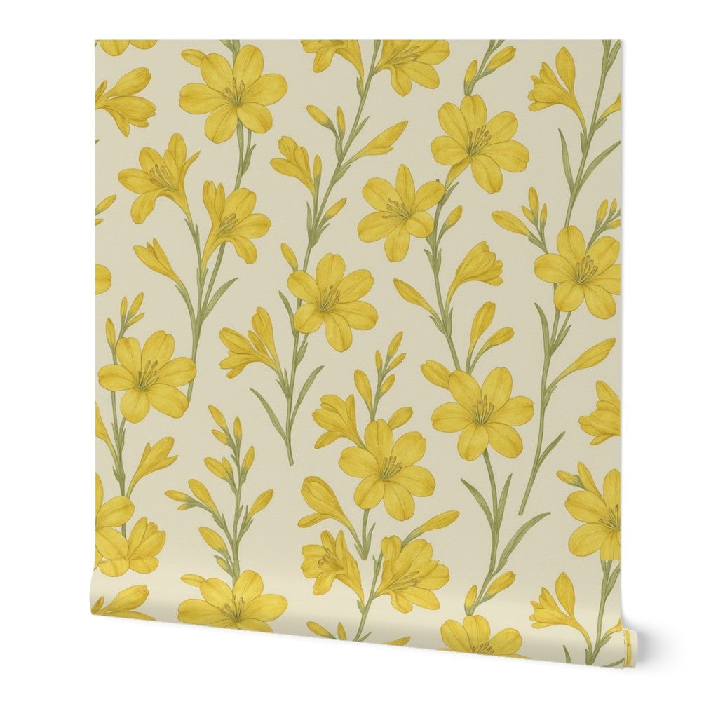 Sunny Bloom Yellow Floral Wallpaper – Warm Vintage Botanical Design