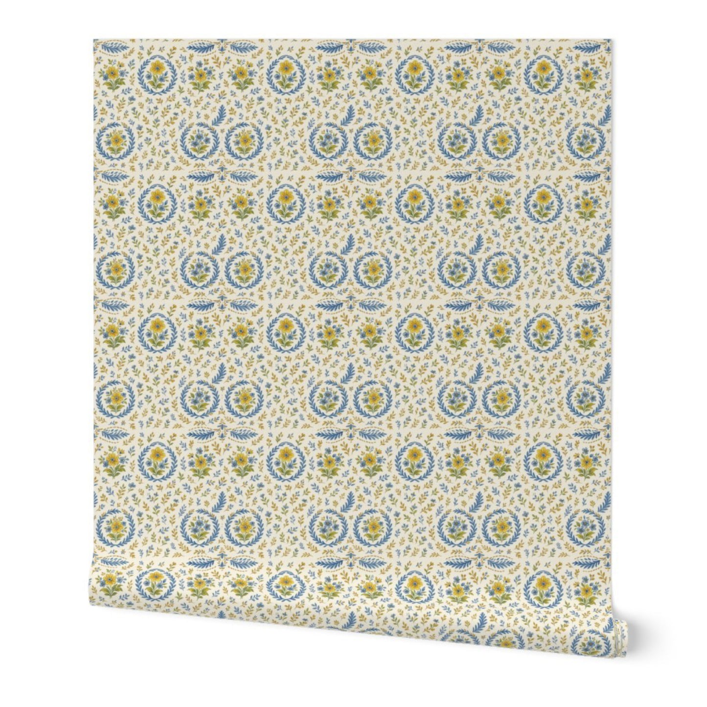 Golden & Blue Floral Spring Wreath Pattern – Elegant Botanical Wall & Fabric Design