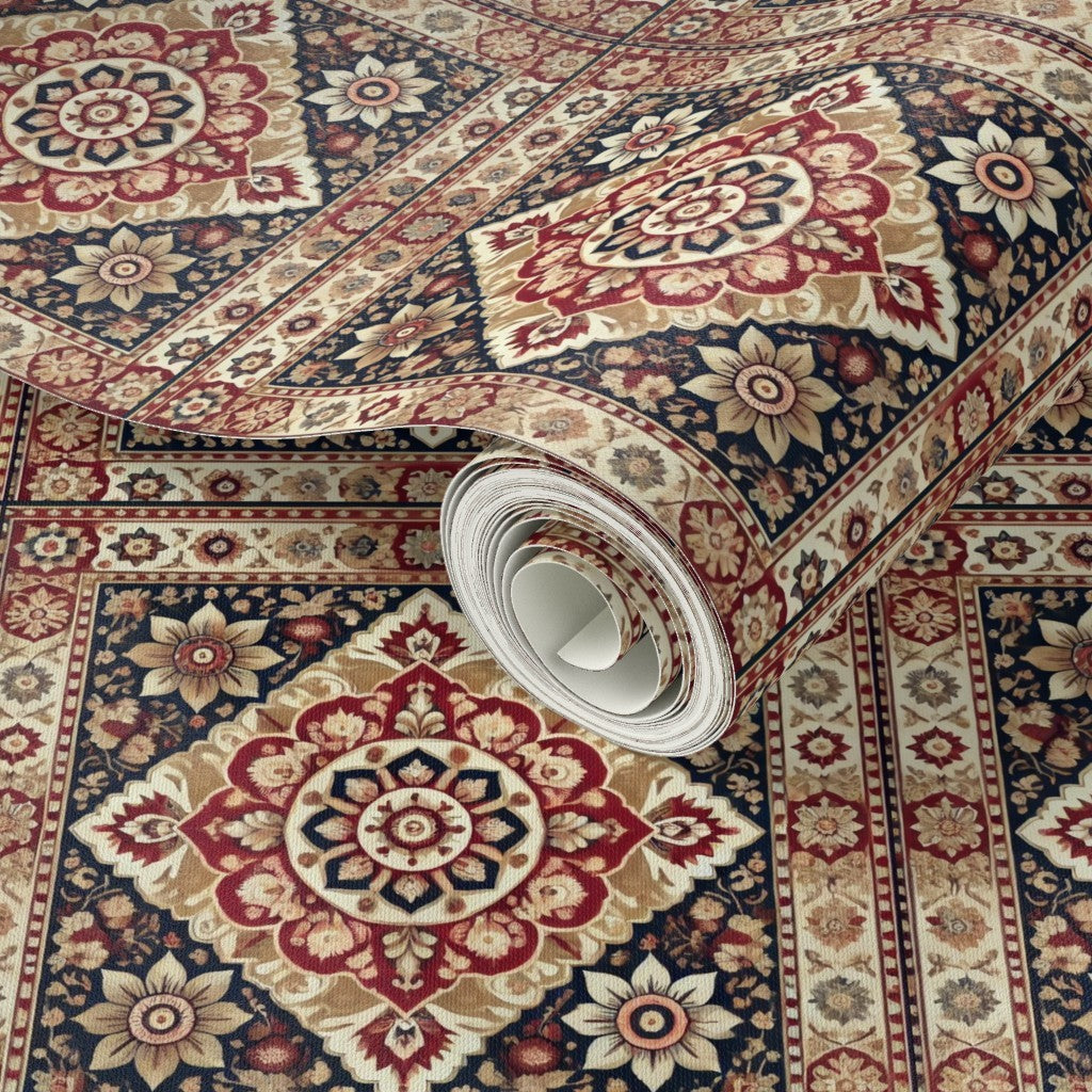 Persian Mosaic Medallion – Traditional Red Black & Cream Tile Pattern for Fabric & Wallpaper