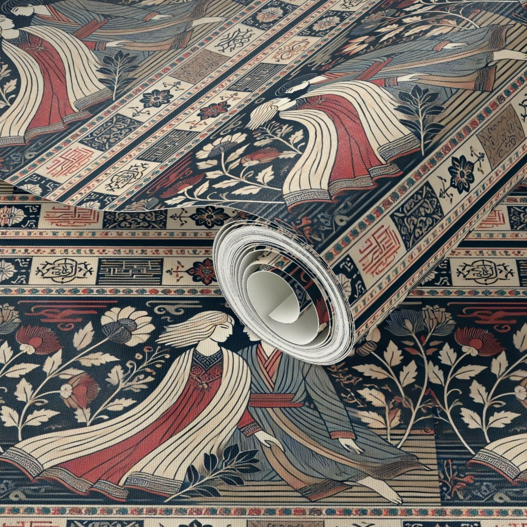 Lovers in Persian Garden – Romantic Traditional Iranian Scene Fabric & Wallpaper