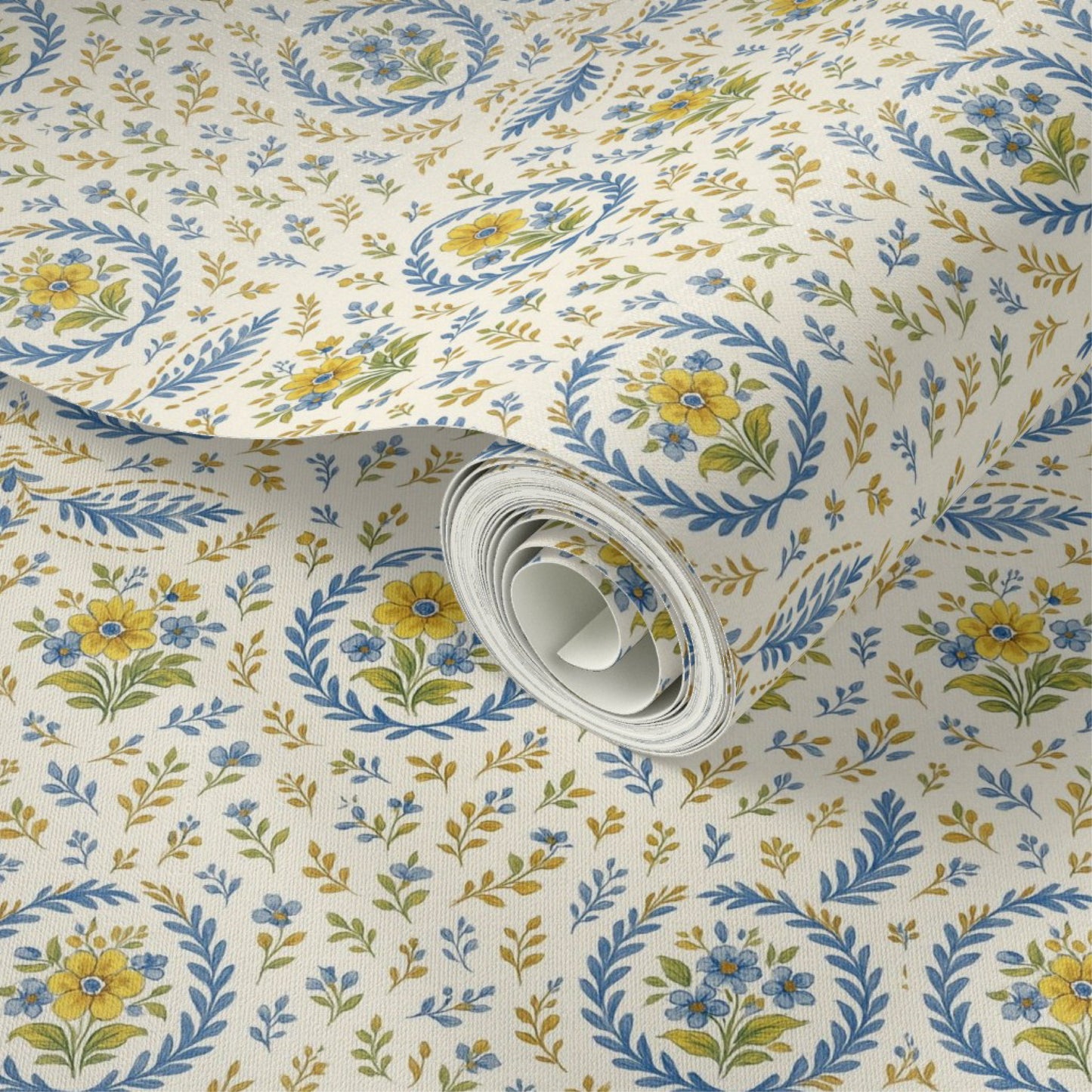 Golden & Blue Floral Spring Wreath Pattern – Elegant Botanical Wall & Fabric Design