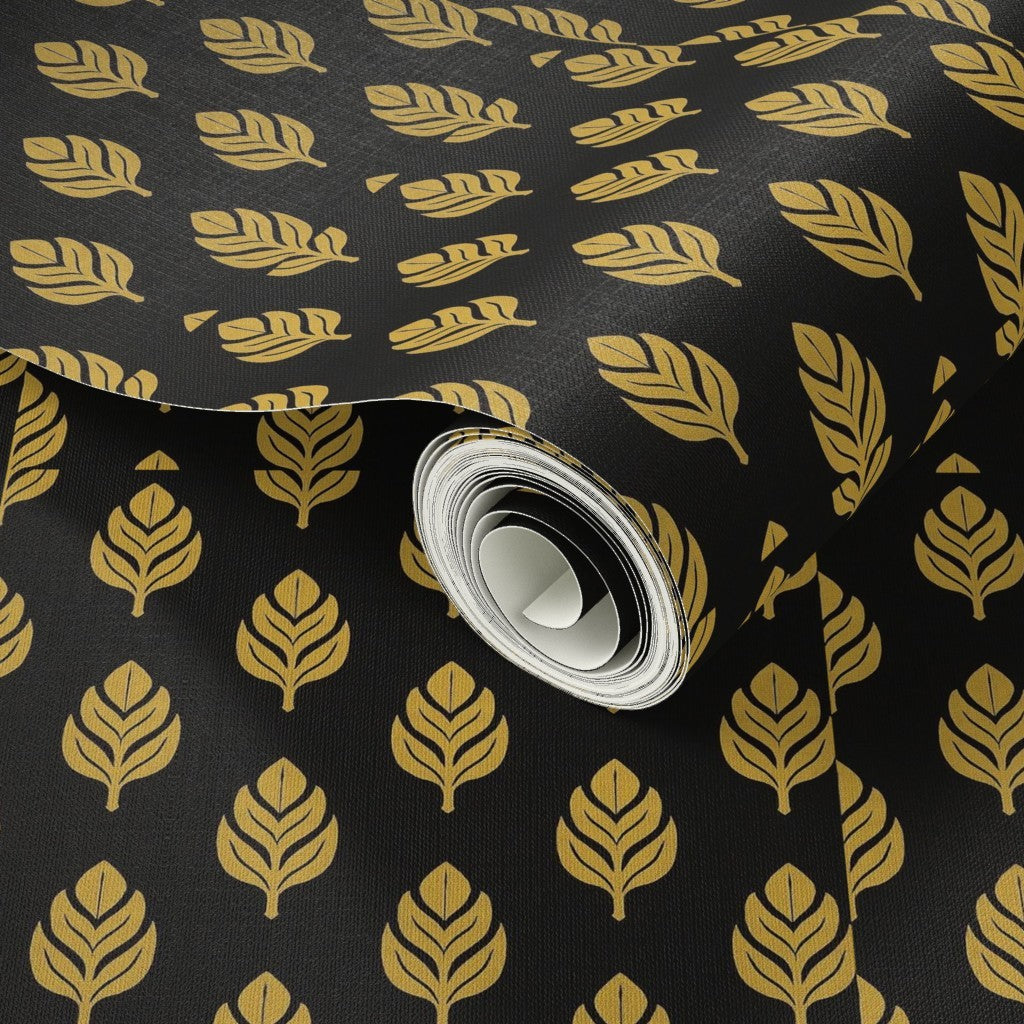 Golden Leaf Motif on Black – Elegant Botanical Pattern for Luxe Walls & Fabrics