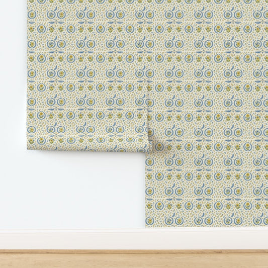 Golden & Blue Floral Spring Wreath Pattern – Elegant Botanical Wall & Fabric Design