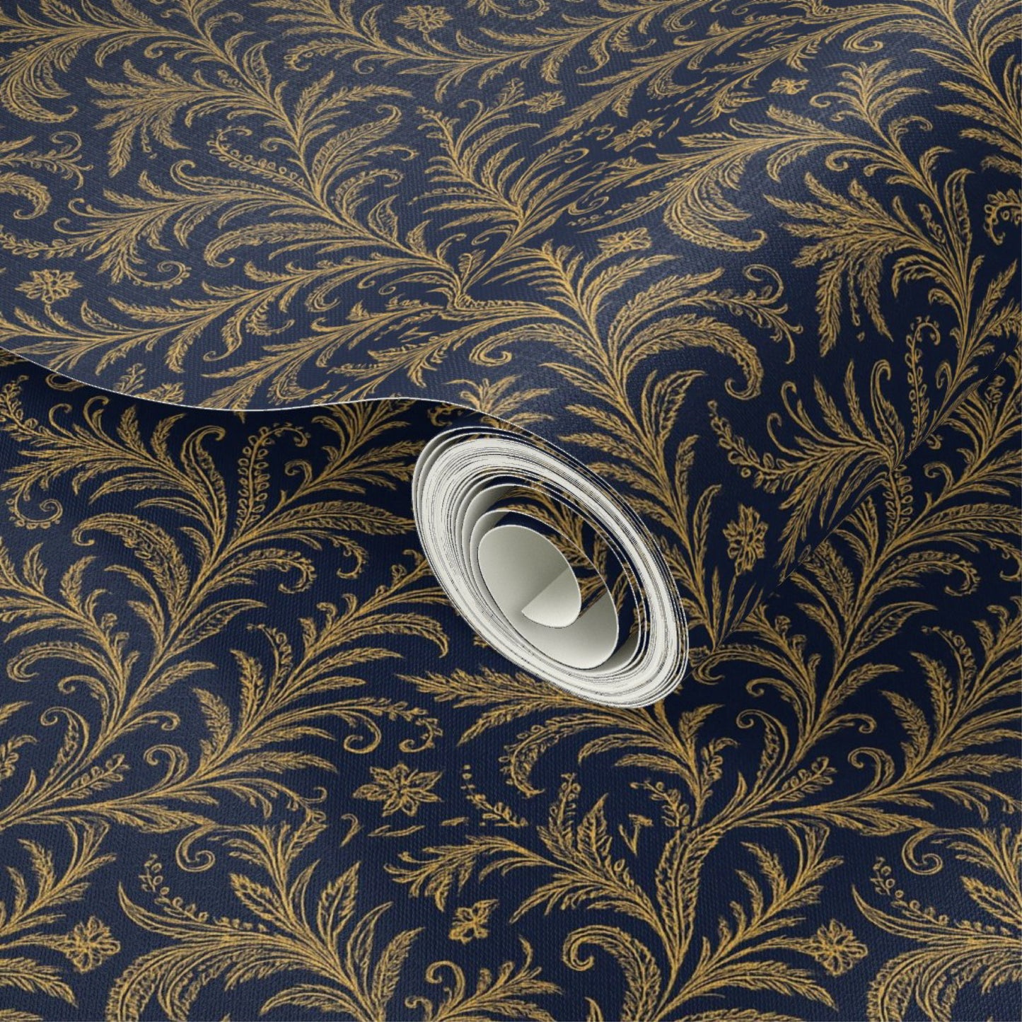 Luxury Gold & Navy Blue Baroque Wallpaper – Elegant Botanical Wall Mural