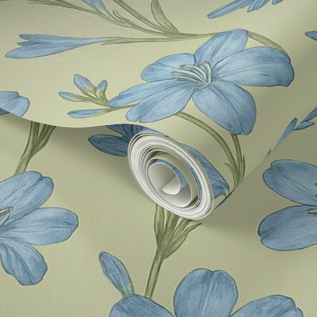 Blue Whisper Botanical Floral Wallpaper – Soft Vintage Cottage Style